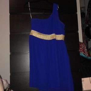 Royal blue one shoulder dress with sparkly gold